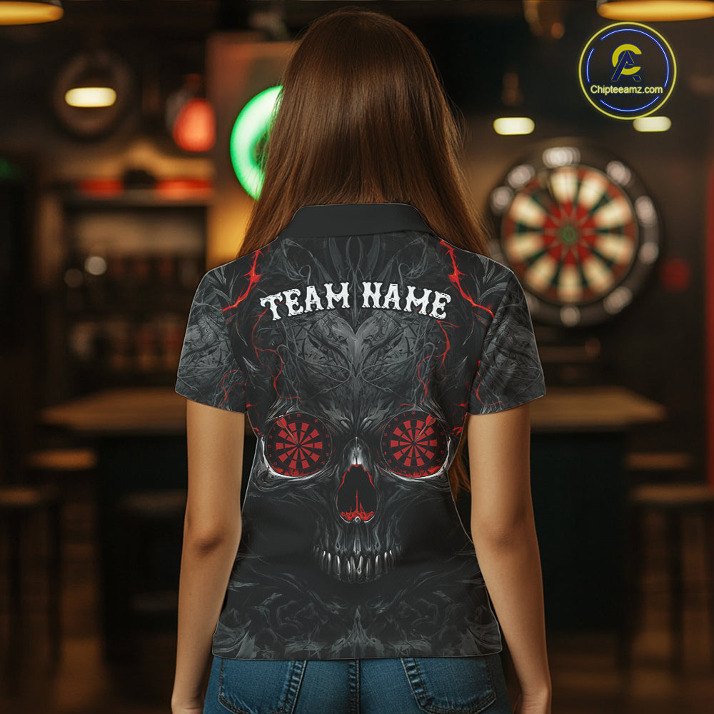 Female darts player wearing Black Red Skull Dartboard jersey during league and tournament competition