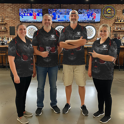 Men women darts team wearing Black Red Skull Dartboard custom team uniforms and league jerseys