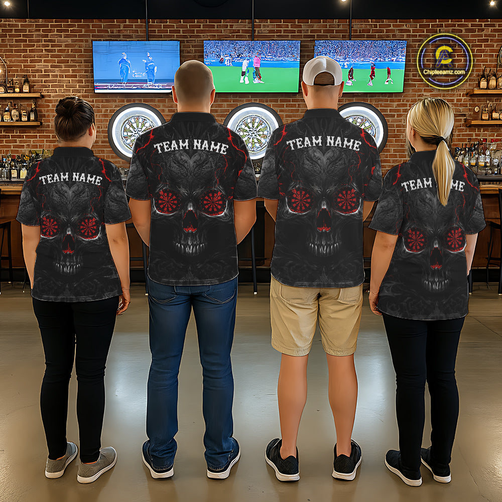 Men women darts team wearing Black Red Skull Dartboard custom team uniforms and league jerseys