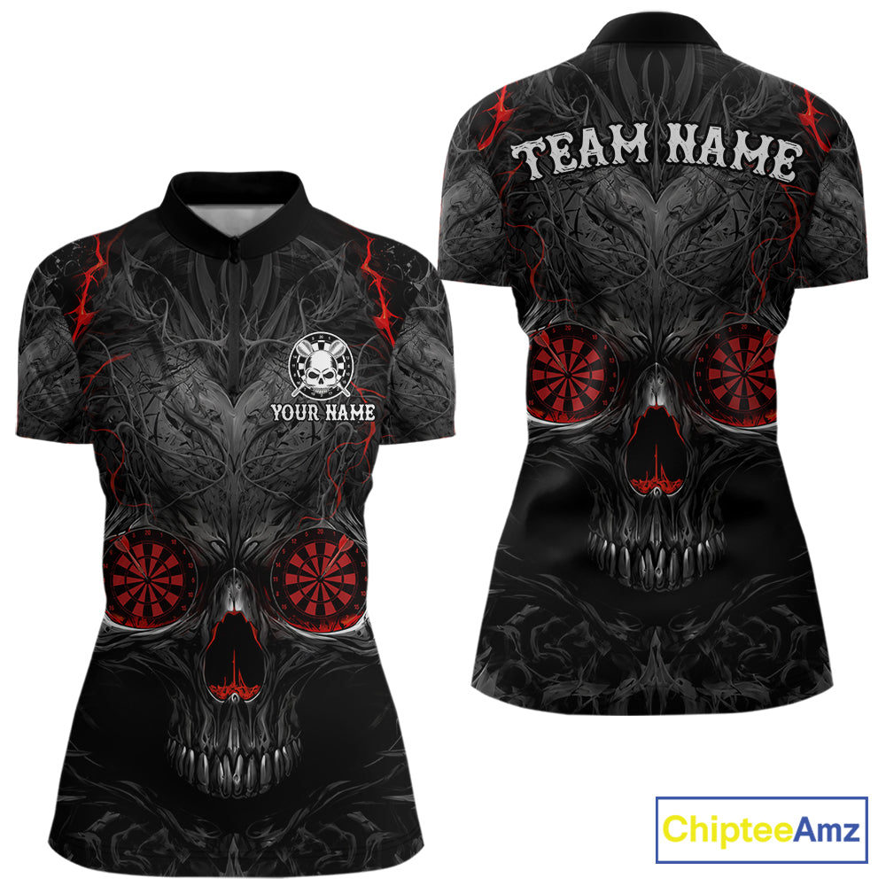 Black Red Skull Dartboard women's quarter zip darts shirt, custom skull team jersey, professional darts apparel
