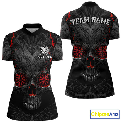 Black Red Skull Dartboard women's quarter zip darts shirt, custom skull team jersey, professional darts apparel
