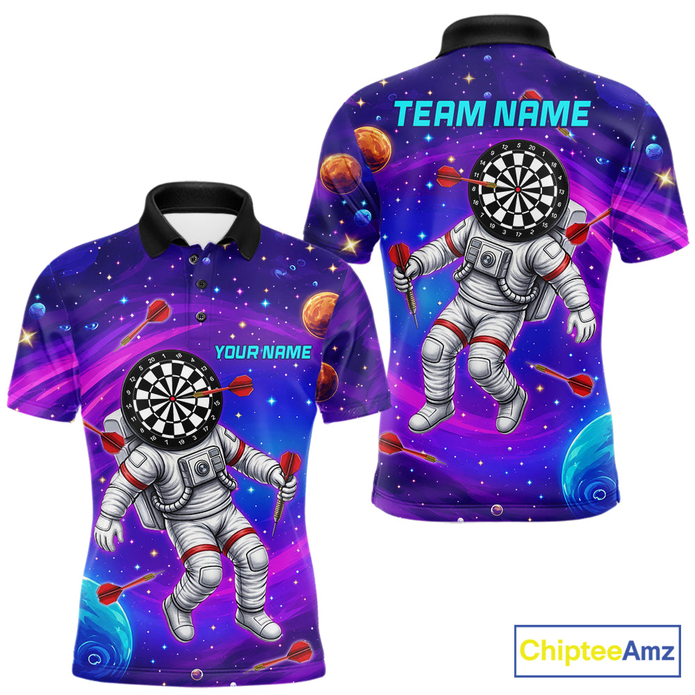 Funny Astronaut Galaxy Dartboard men's darts polo shirt, colorful galaxy dart jersey, personalized dart team apparel