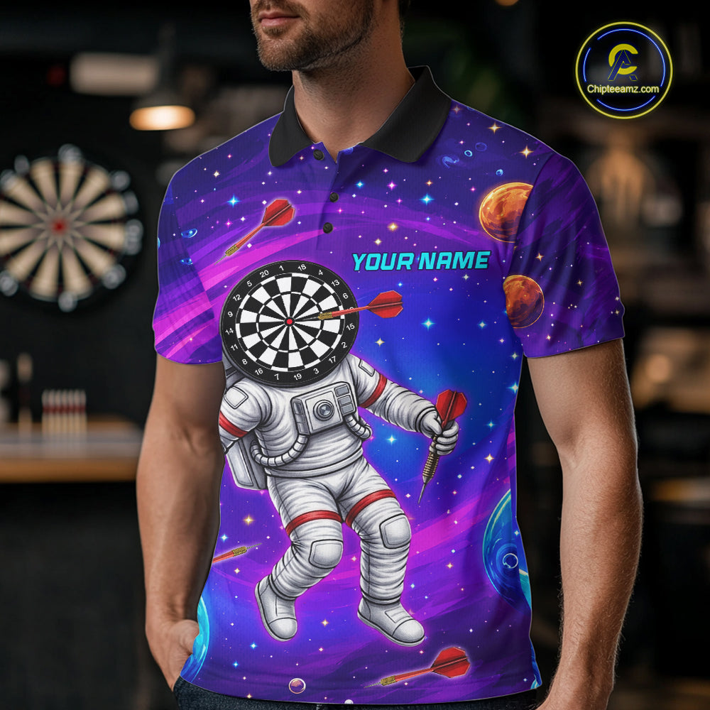 Male darts player wearing Astronaut Galaxy Dartboard jersey during darts competition and league play