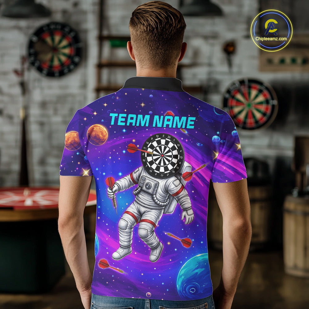 Male darts player wearing Astronaut Galaxy Dartboard jersey during darts competition and league play