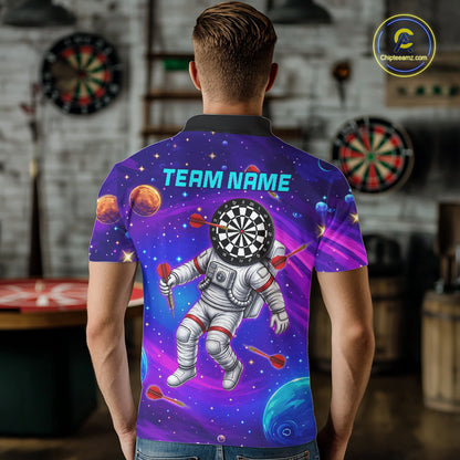 Male darts player wearing Astronaut Galaxy Dartboard jersey during darts competition and league play