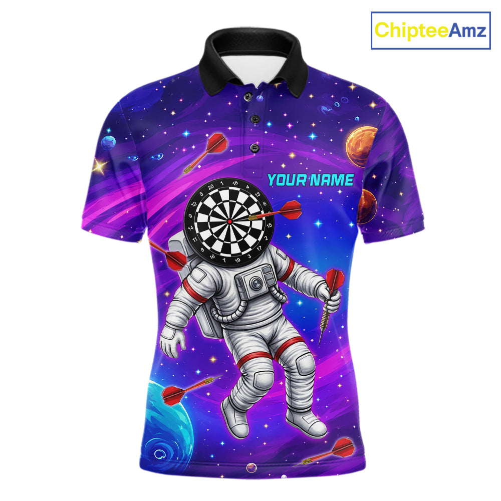 Funny Astronaut Galaxy Dartboard men's darts polo shirt, colorful galaxy dart jersey, personalized dart team apparel