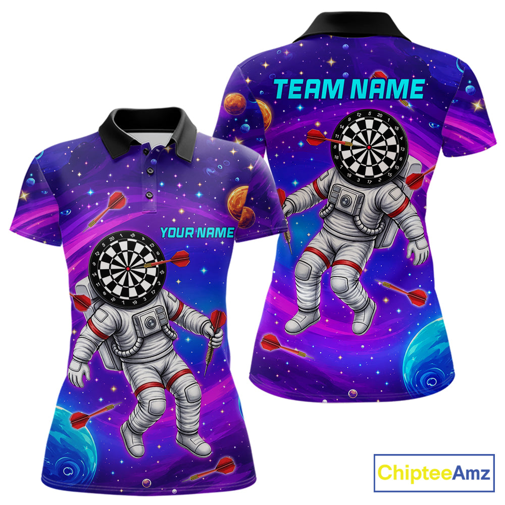 Funny Astronaut Galaxy Dartboard women's darts polo shirt, colorful galaxy dart jersey, personalized dart team apparel