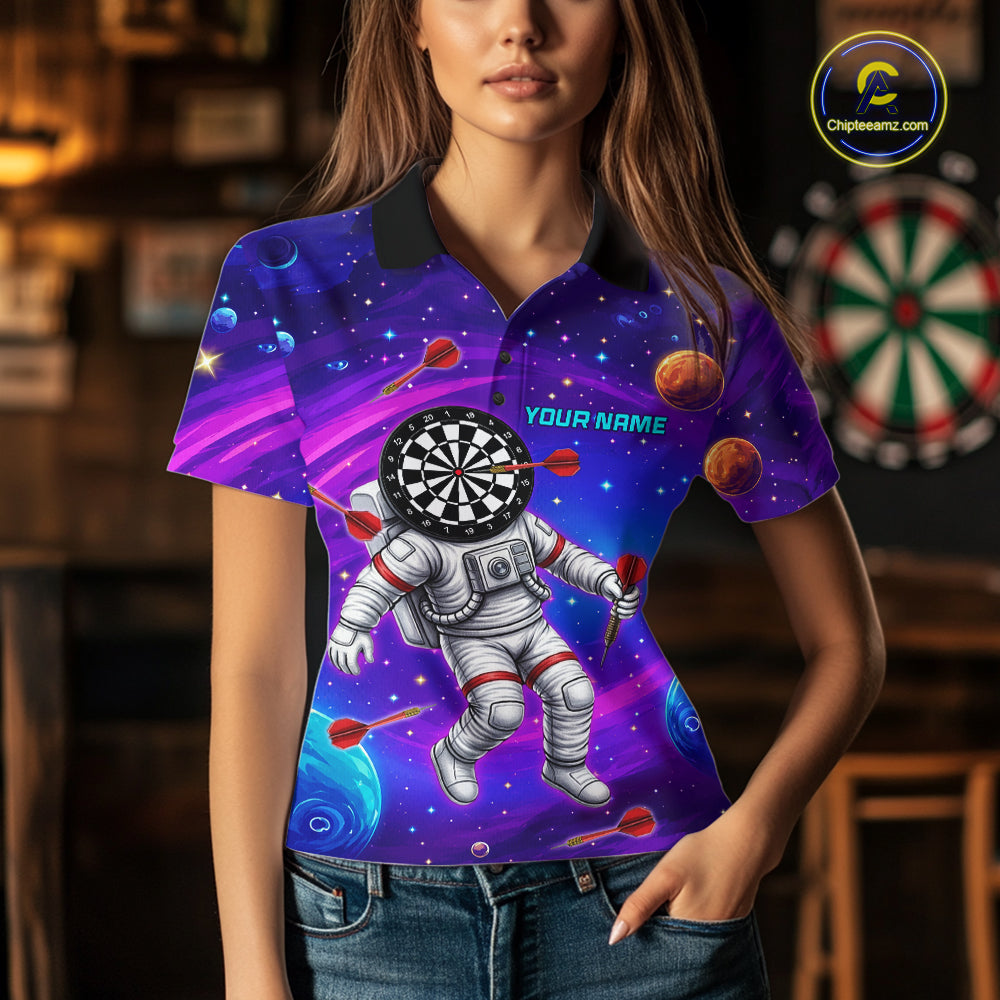 Female darts player wearing Astronaut Galaxy Dartboard jersey during darts competition and league play