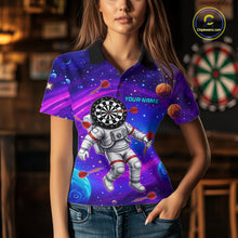 Load image into Gallery viewer, Female darts player wearing Astronaut Galaxy Dartboard jersey during darts competition and league play