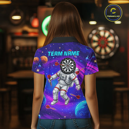 Female darts player wearing Astronaut Galaxy Dartboard jersey during darts competition and league play