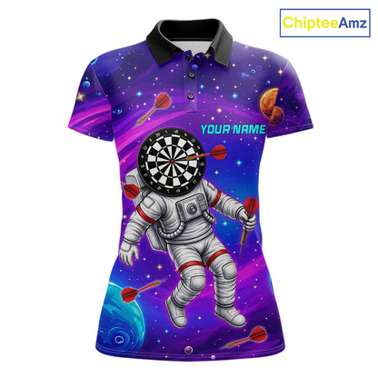 Funny Astronaut Galaxy Dartboard women's darts polo shirt, colorful galaxy dart jersey, personalized dart team apparel