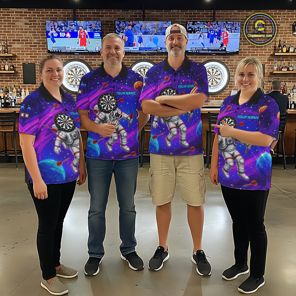 Men women darts team wearing Astronaut Galaxy Dartboard custom uniforms, colorful dart league jerseys