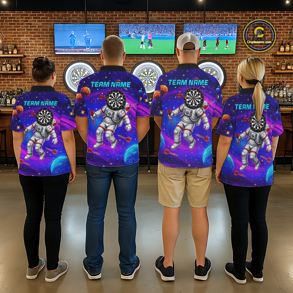 Men women darts team wearing Astronaut Galaxy Dartboard custom uniforms, colorful dart league jerseys