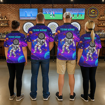 Men women darts team wearing Astronaut Galaxy Dartboard custom uniforms, colorful dart league jerseys