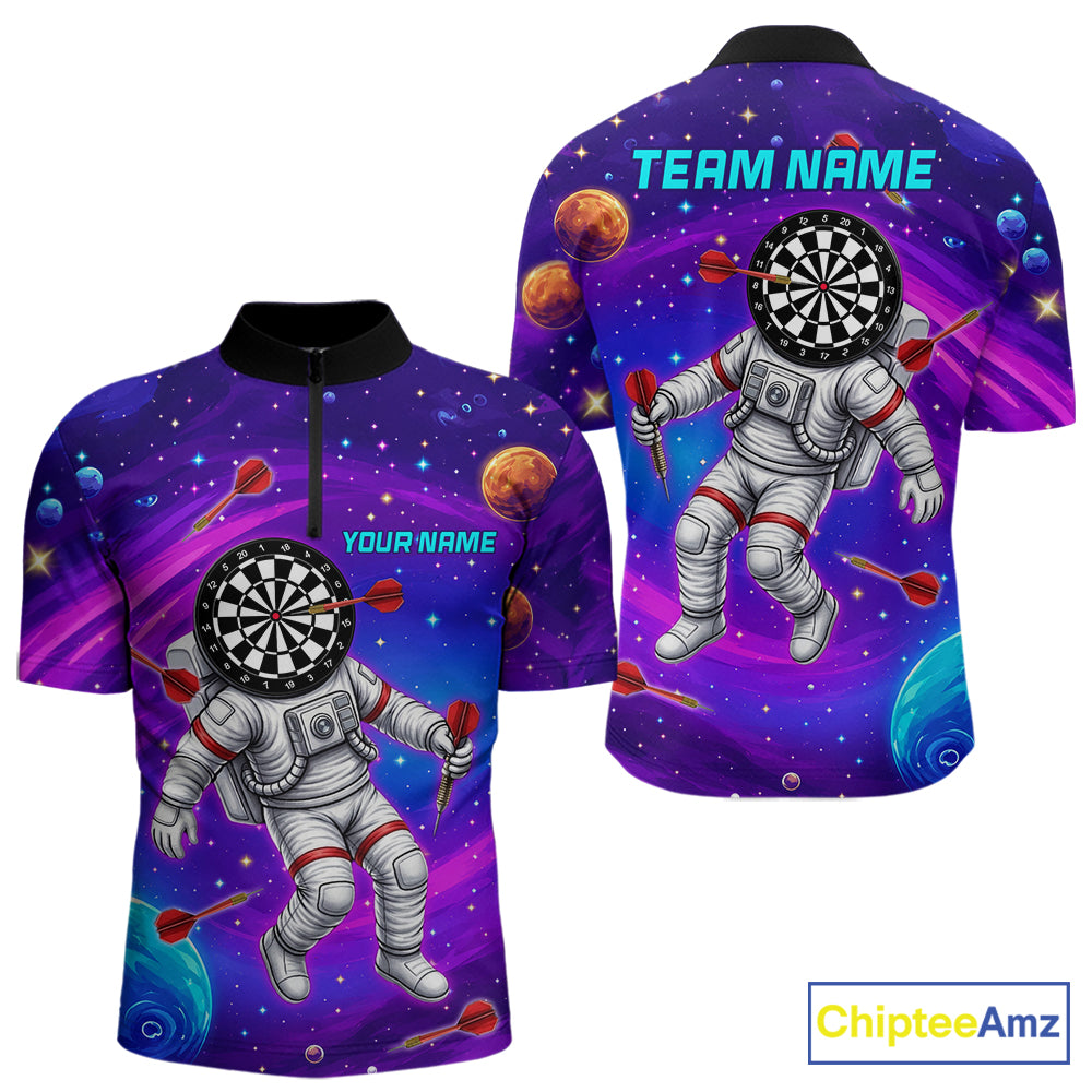 Funny Astronaut Galaxy Dartboard men's quarter zip darts shirt, custom galaxy dart team jersey, tournament darts apparel