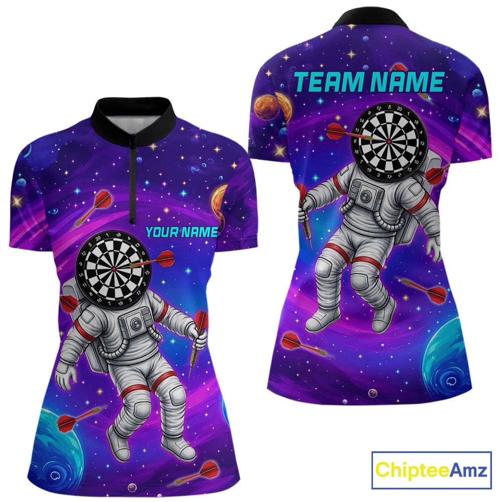 Funny Astronaut Galaxy Dartboard women's quarter zip darts shirt, custom galaxy dart team jersey, tournament darts apparel