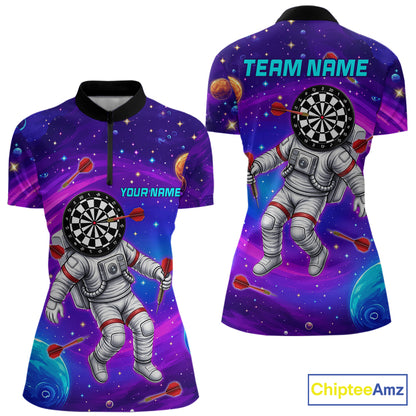 Funny Astronaut Galaxy Dartboard women's quarter zip darts shirt, custom galaxy dart team jersey, tournament darts apparel