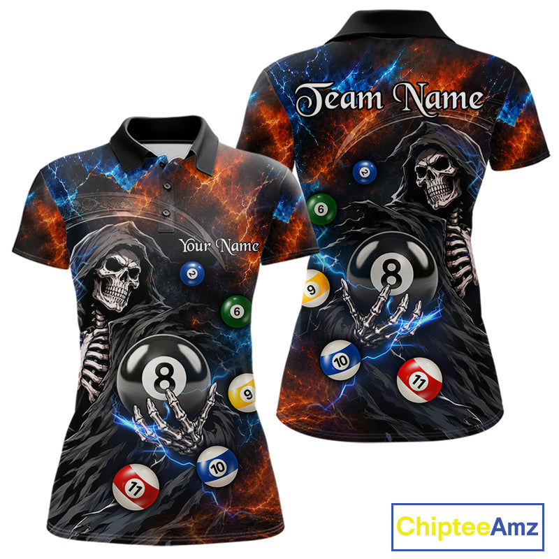Women's Thunder Grim Reaper billiard polo featuring lightning and 8 Ball artwork, personalized pool league jersey, team apparel, pool tournament clothing, custom cue sports polo, performance fabric.