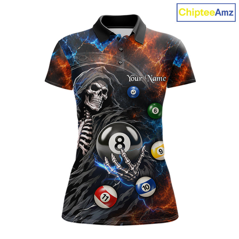 Women's Thunder Grim Reaper billiard polo featuring lightning and 8 Ball artwork, personalized pool league jersey, team apparel, pool tournament clothing, custom cue sports polo, performance fabric.