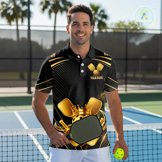 Black And Gold Crown Paddle & Ball Pickleball Jerseys Custom Men Pickleball League Shirts NYN2233