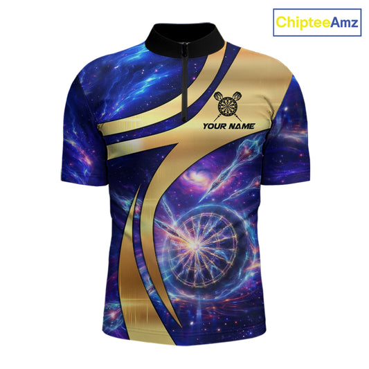 Personalized Golden And Purple Galaxy Darts Polo & 1/4 Zip Shirt For Men Darts Clothing Jerseys NYN2892