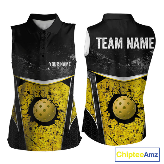 Custom Black And Grunge Yellow Pickleball Sleeveless Polo For Women, Cracked Pickleball Ball Team Shirt NYN3104