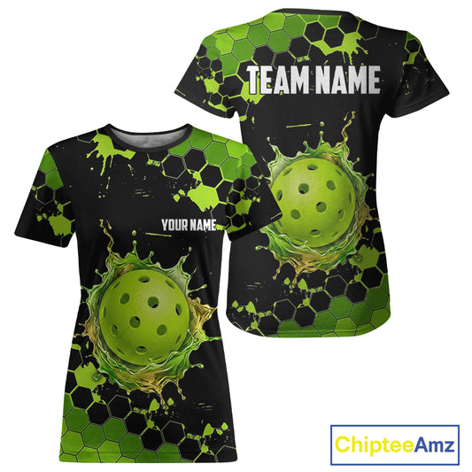 Custom Green Splatter Hexagon Pickleball Shirts For Women, Watering Pickleball Ball Team Outfit NYN3110