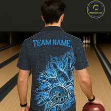 Load image into Gallery viewer, Male and female models wearing Blue Tribal Pattern bowling Hawaiian shirts, tribal-inspired bowling team apparel, tropical button-up shirts, resort vacation clothing representing strength, heritage, confidence and competitive teamwork