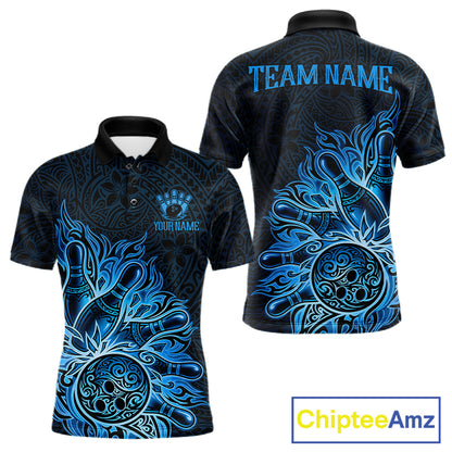 Blue Tribal Pattern Bowling Ball men's bowling polo shirt, custom tribal bowling team jersey, league bowling apparel