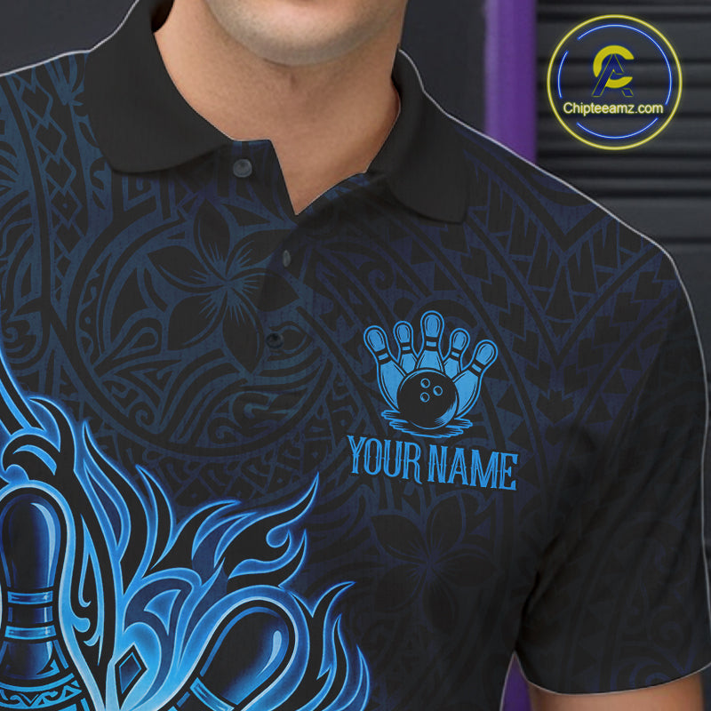 Male bowler wearing Blue Tribal Bowling Ball bowling jersey, custom bowling league apparel