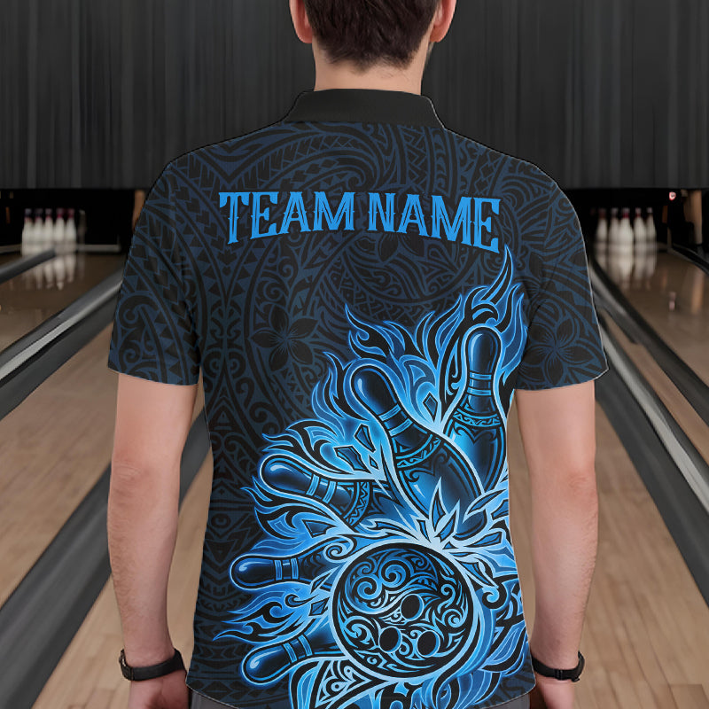 Male bowler wearing Blue Tribal Bowling Ball bowling jersey, custom bowling league apparel