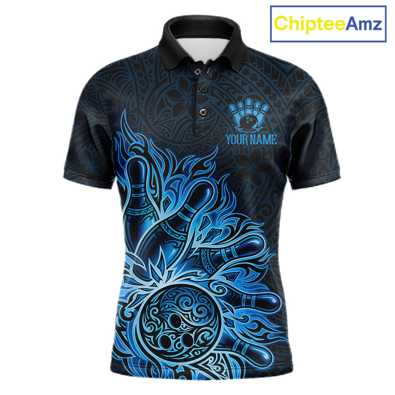 Blue Tribal Pattern Bowling Ball men's bowling polo shirt, custom tribal bowling team jersey, league bowling apparel