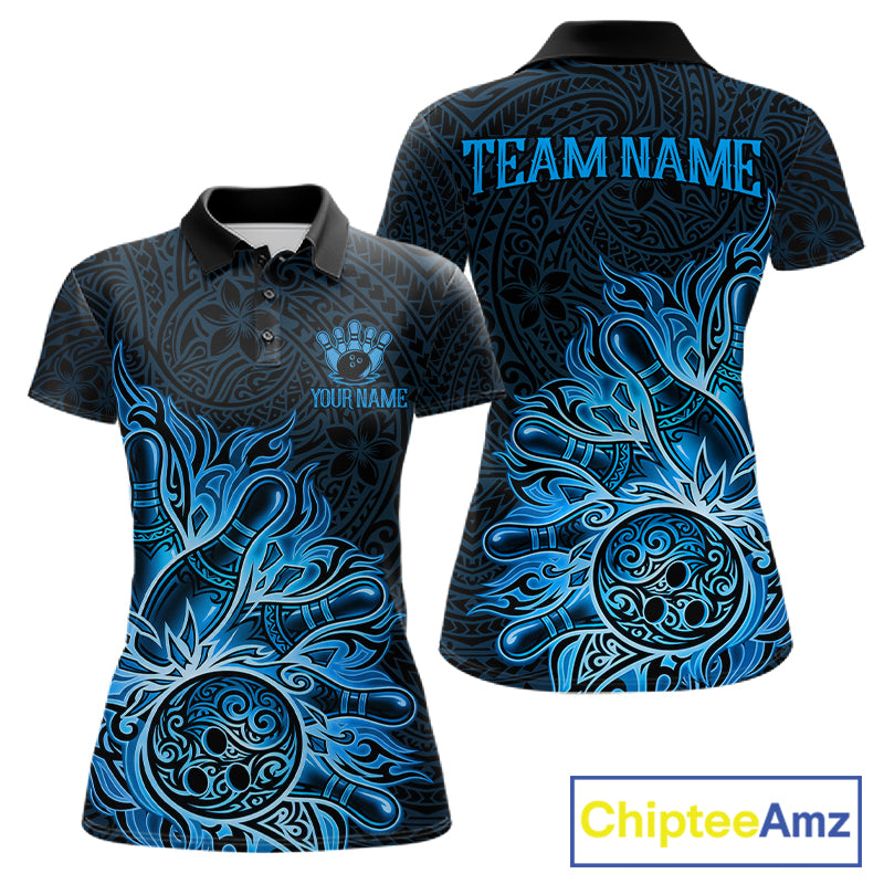 Blue Tribal Pattern Bowling Ball women's bowling polo shirt, custom tribal bowling team jersey, league bowling apparel