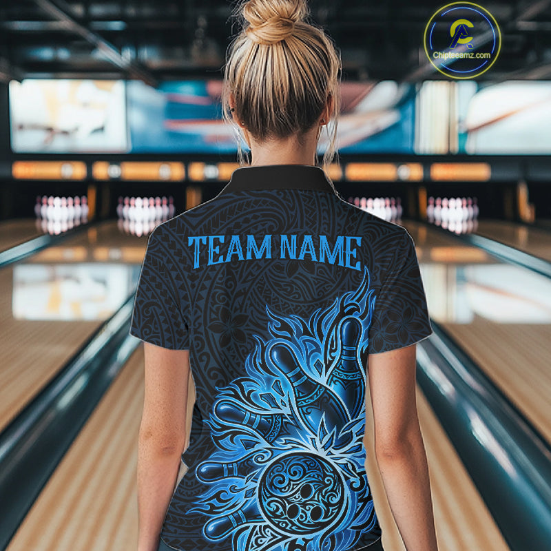 Female bowler wearing Blue Tribal Bowling Ball bowling jersey, custom bowling league apparel