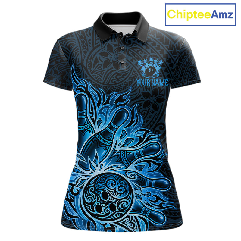 Blue Tribal Pattern Bowling Ball women's bowling polo shirt, custom tribal bowling team jersey, league bowling apparel