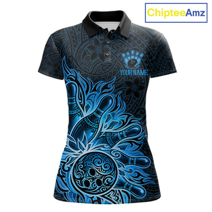 Blue Tribal Pattern Bowling Ball women's bowling polo shirt, custom tribal bowling team jersey, league bowling apparel