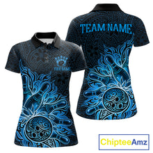 Load image into Gallery viewer, Blue Tribal Pattern Bowling Ball women's bowling polo shirt, custom tribal bowling team jersey, league bowling apparel