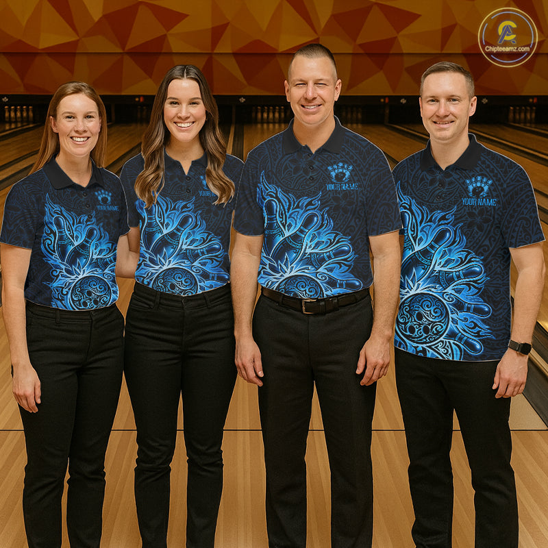 Men women bowling team wearing Blue Tribal Pattern Bowling Ball custom bowling uniforms