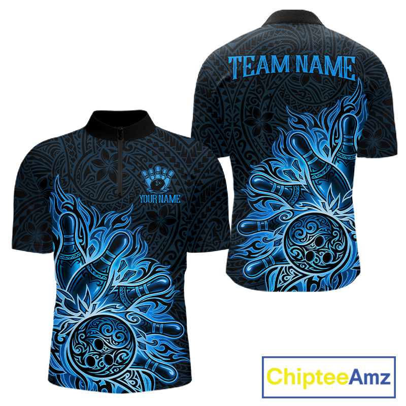 Blue Tribal Pattern Bowling Ball men's bowling quarter zip shirt, personalized tribal bowling uniform