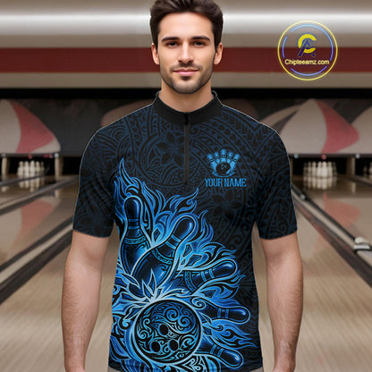 Male bowler wearing Blue Tribal Bowling Ball bowling jersey, custom bowling league apparel