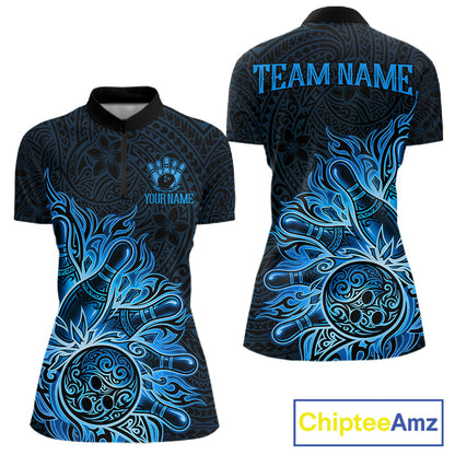 Blue Tribal Pattern Bowling Ball women's bowling quarter zip shirt, personalized tribal bowling uniform