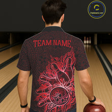 Load image into Gallery viewer, Male and female models wearing Red Tribal Pattern bowling Hawaiian shirts, custom bowling team button-up apparel, tropical vacation clothing inspired by tribal culture, passion, courage, leadership and championship performance