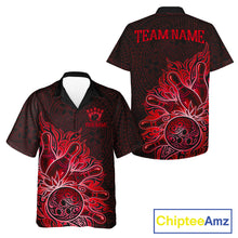 Load image into Gallery viewer, Red Tribal Pattern bowling Hawaiian shirt featuring striking tribal artwork, custom aloha bowling button-up shirt, personalized tournament apparel, tropical summer bowling league uniform