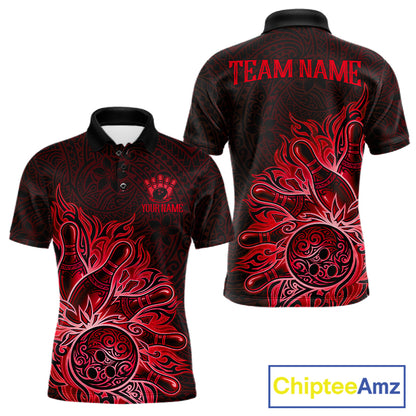 Red Tribal Pattern Bowling Ball men's bowling polo shirt, custom bowling team jersey, tribal bowling apparel