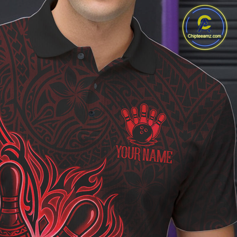 Male bowler wearing Red Tribal Bowling Ball bowling shirt, custom tournament bowling jersey