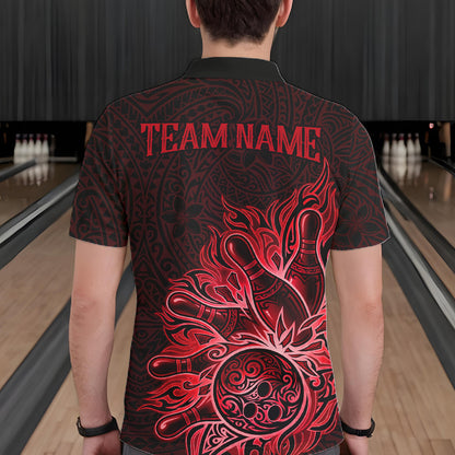 Male bowler wearing Red Tribal Bowling Ball bowling shirt, custom tournament bowling jersey