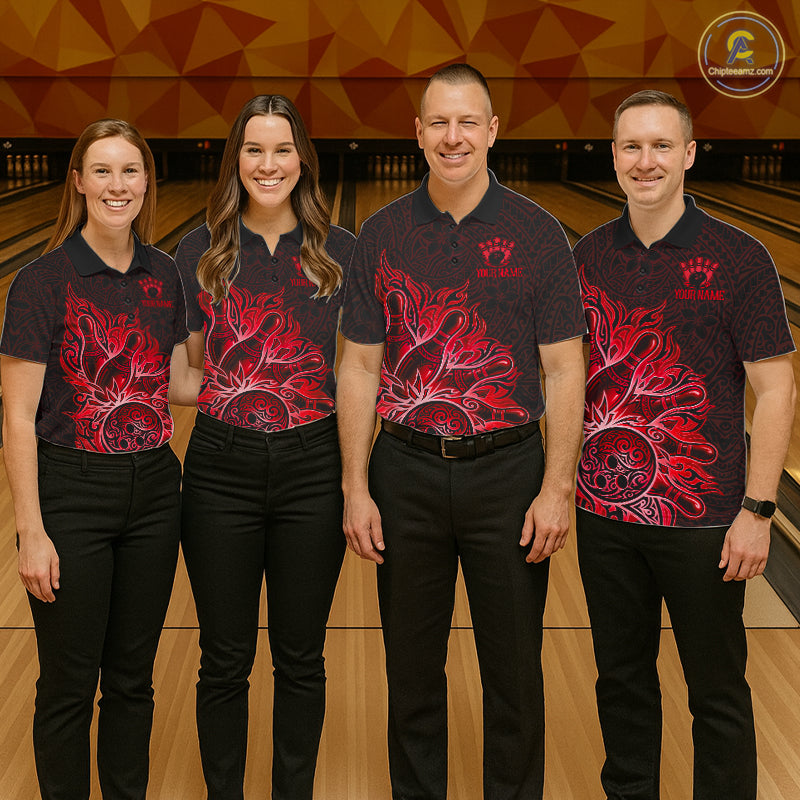 Men women bowling team wearing Red Tribal Pattern Bowling Ball bowling team uniforms