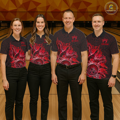 Men women bowling team wearing Red Tribal Pattern Bowling Ball bowling team uniforms