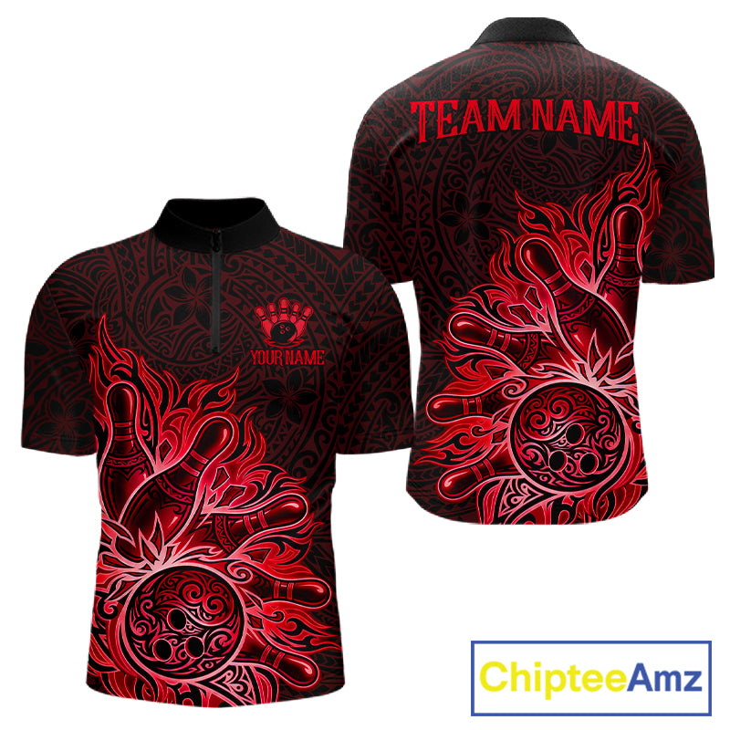 Red Tribal Pattern Bowling Ball men's bowling quarter zip shirt, personalized bowling league uniform