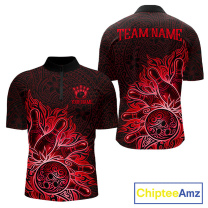 Red Tribal Pattern Bowling Ball men's bowling quarter zip shirt, personalized bowling league uniform